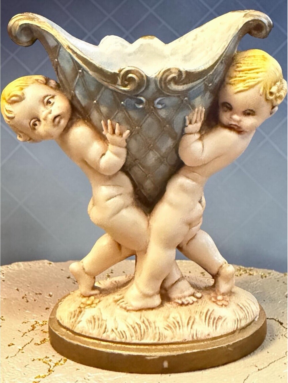 Vintage Fontaine Depose Italy Porcelain Cherub Vase Planter Putti Angels